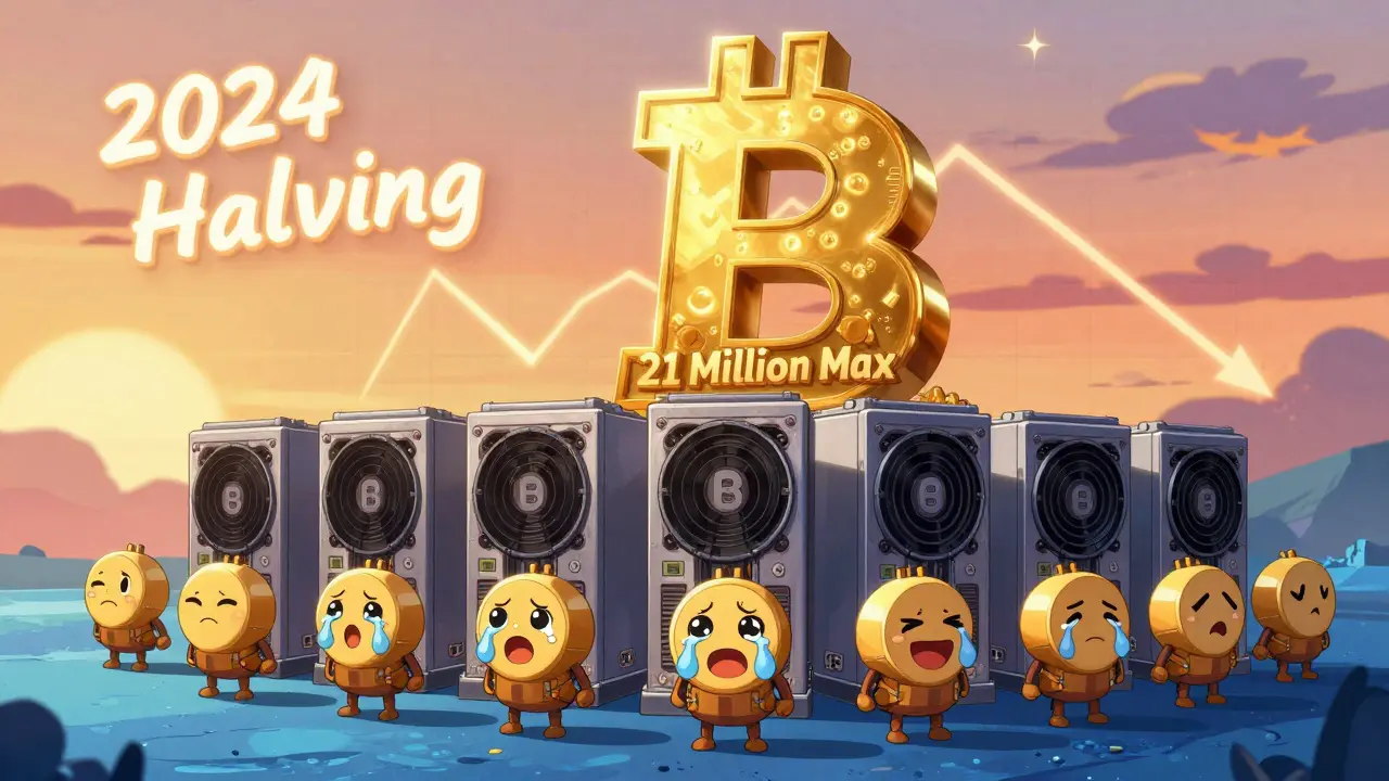 Cute mining rigs reacting to halving, with efficient ones standing proudly.