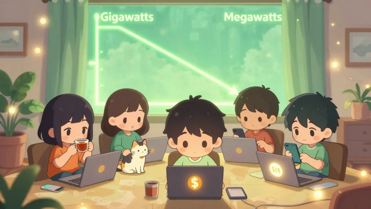 Cute people staking crypto on laptops with a dropping energy meter in background.