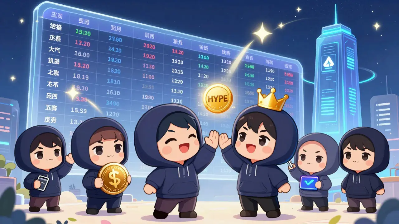 Cute traders high-fiving beside a giant open order book with trading stars in the sky.