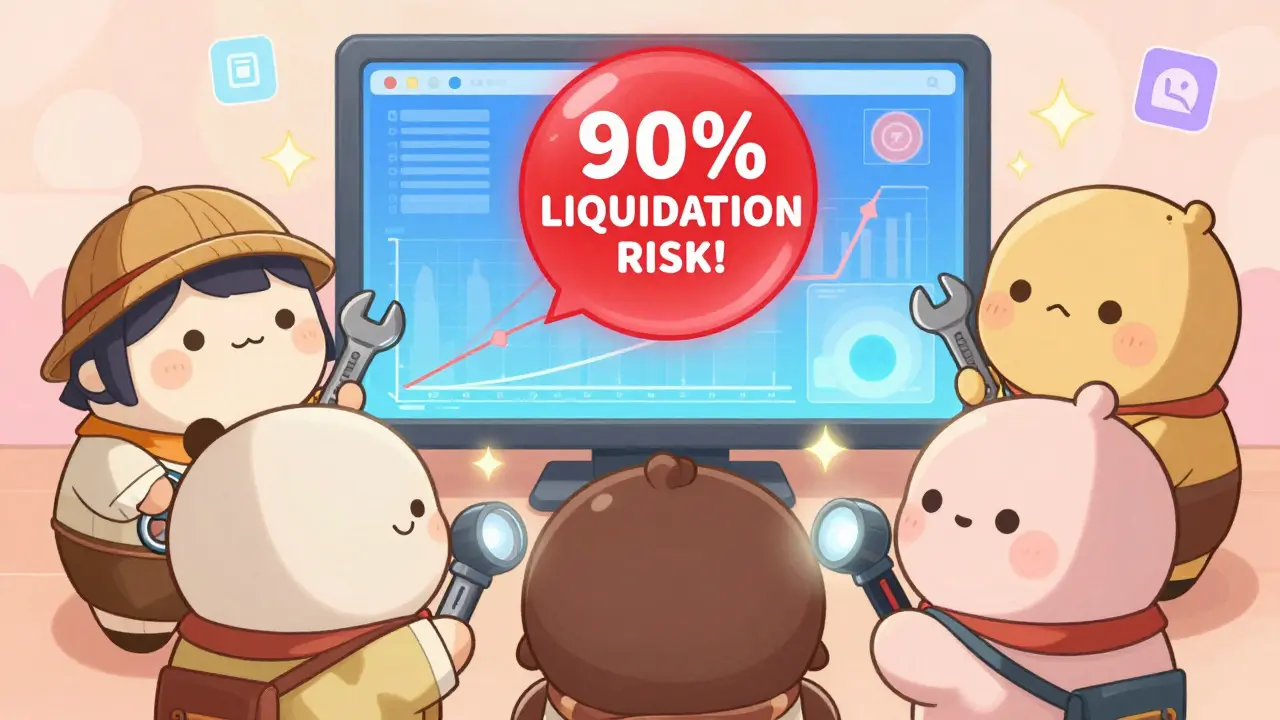 Cute traders studying a risk simulation with warning bubbles and safety tools.