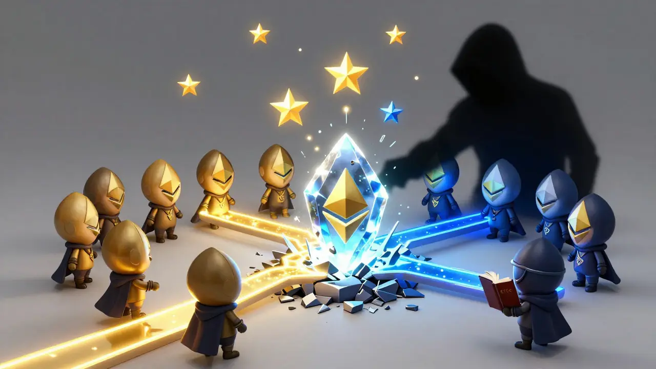 Ethereum and Ethereum Classic characters split by a magical fork after a DAO hack.