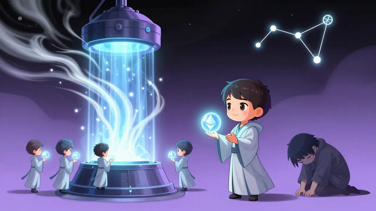 Ethereum validators glowing with energy during the Merge as a mining machine fades away.