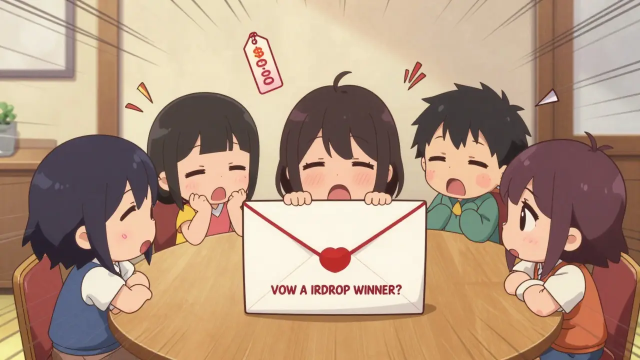 Five chibi characters reacting to an unopened VOW airdrop envelope with mixed emotions.