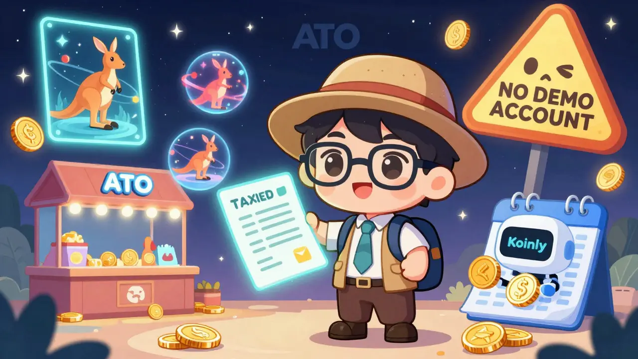 Friendly advisor gives tax report to beginner in a magical NFT marketplace under Australian stars.