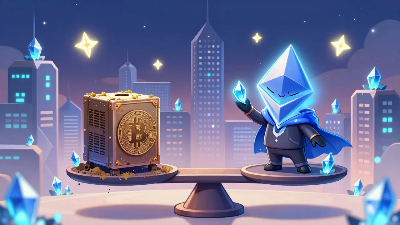 Futuristic city powered by staking crystals, PoW vs PoS scale under starry sky.