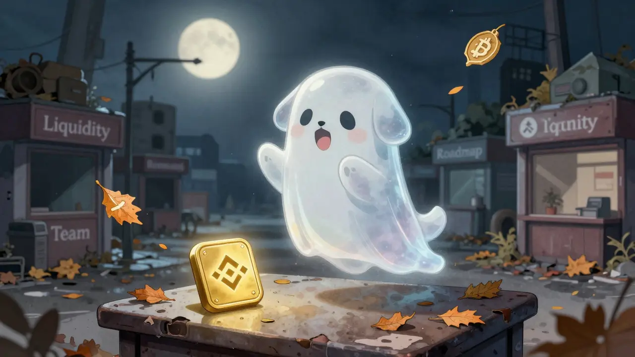 Ghostly DOGS token floating above an abandoned crypto city with empty storefronts.