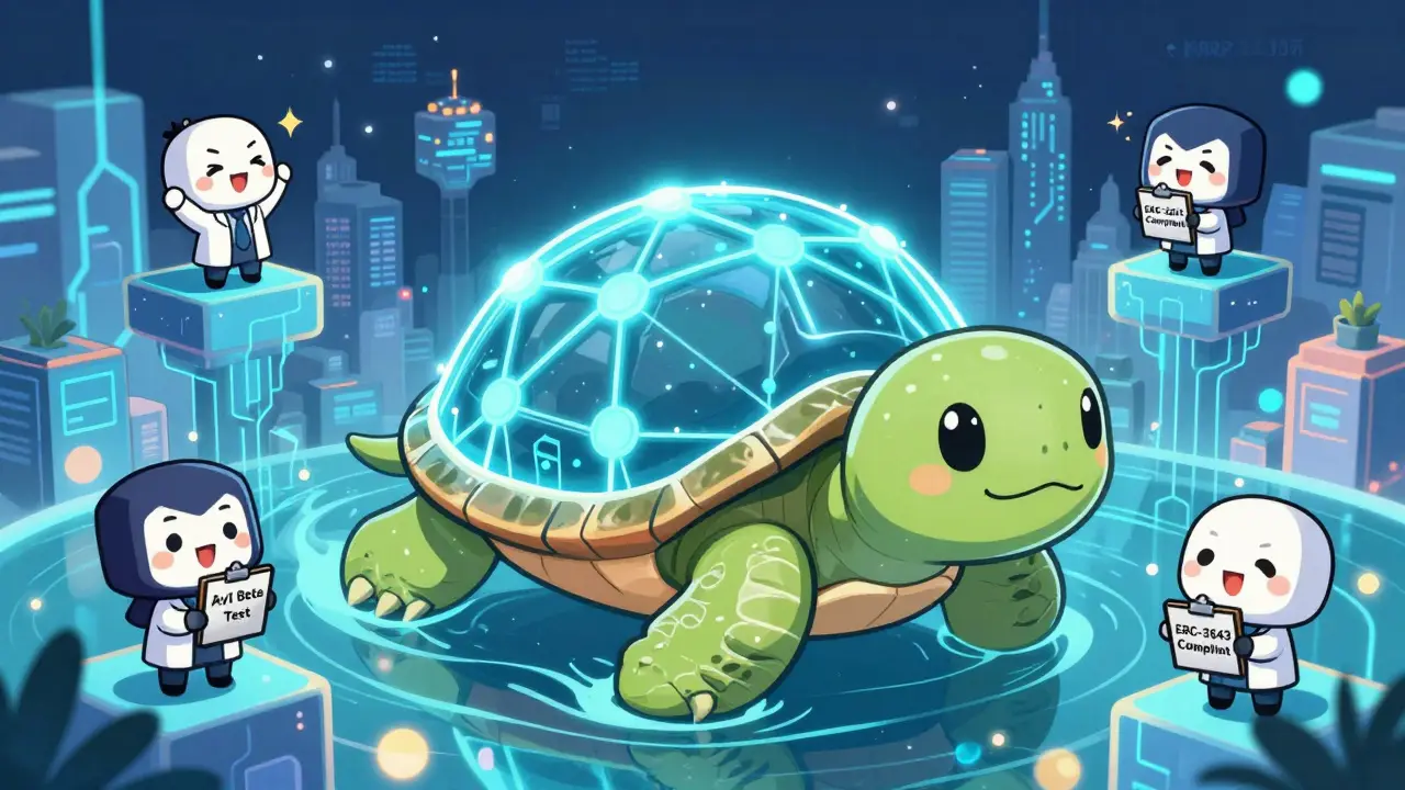 Giant turtle NFT with Matrix logo shell swimming through a blockchain city, chibi developers cheering below.