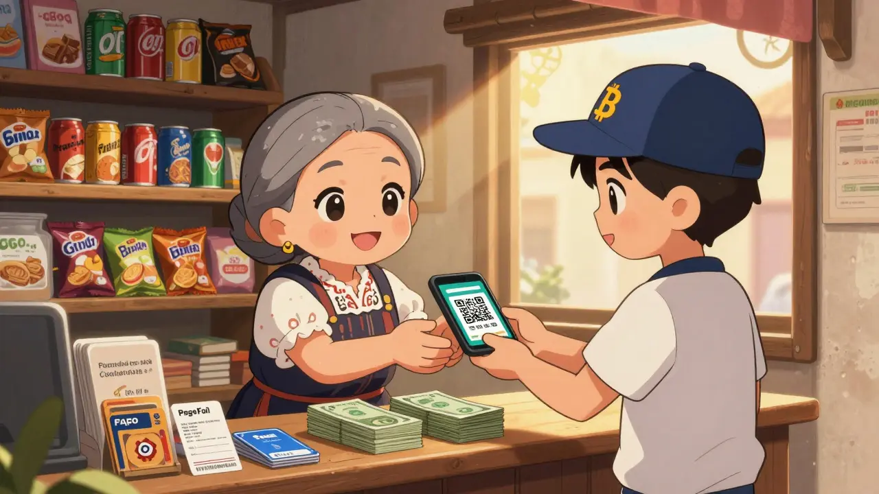 Grandmother receiving crypto QR code from teen broker in a cozy Ecuadorian tienda.