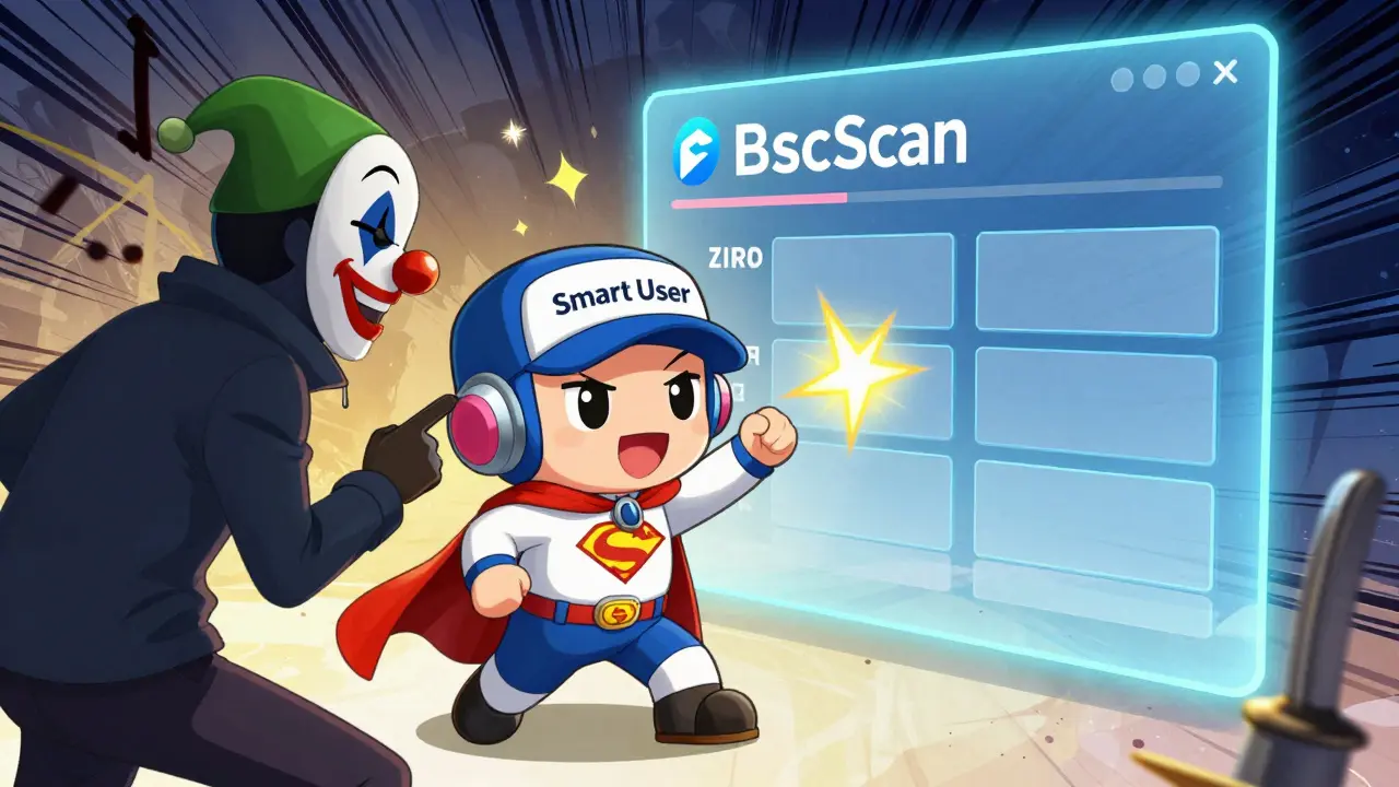 Hero wallet blocks scammer with phishing link, BscScan shows zero activity behind them.