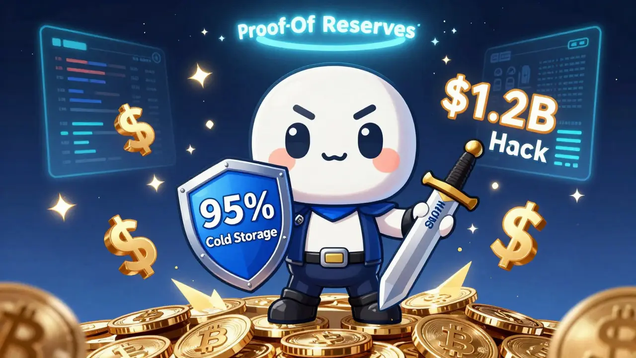 Heroic Bybit mascot defending crypto assets with cold storage shield and SAFU sword, defeating hack symbols.