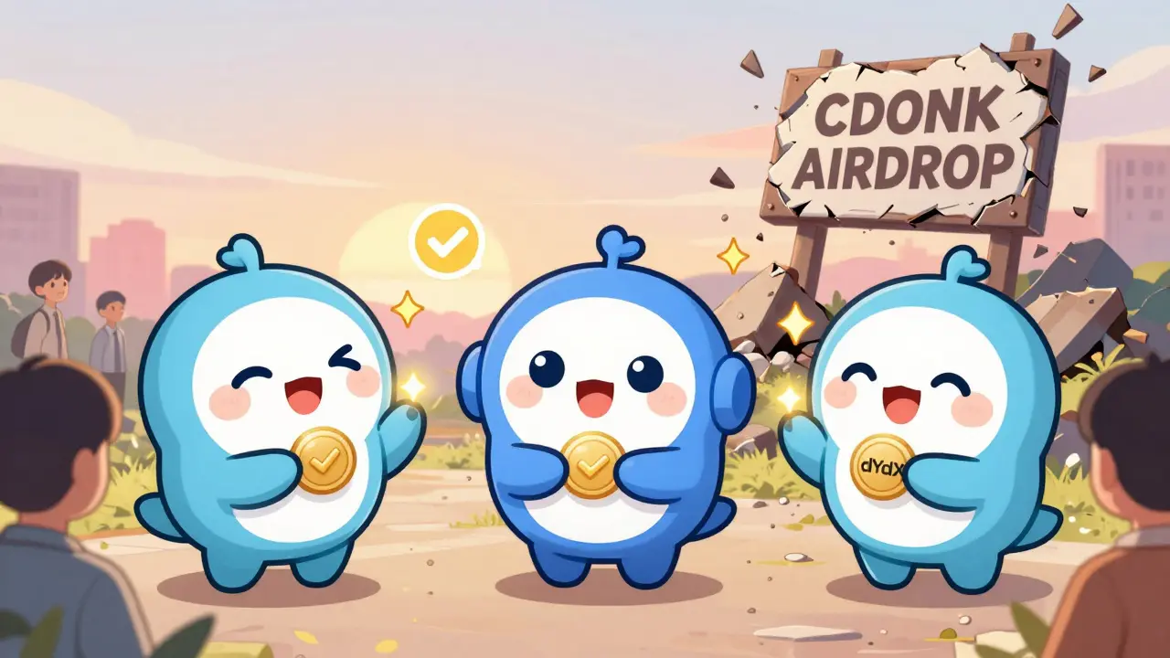 Legitimate airdrop mascots give tokens to users while CDONK scam sign crumbles in dust.