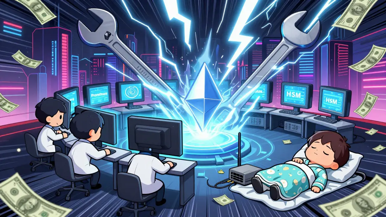 Professional validators protect a staked ETH token from slashing lightning.