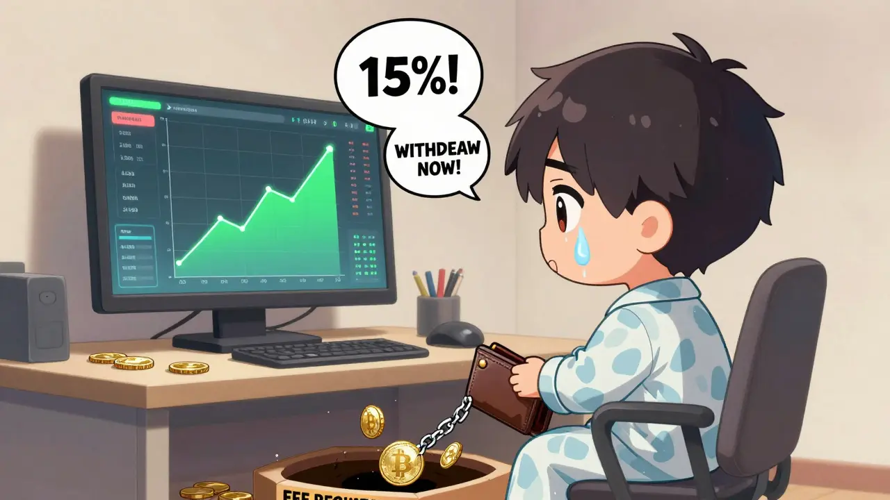 Sad chibi user staring at fake trading dashboard while crypto chains pull their wallet into a black hole.