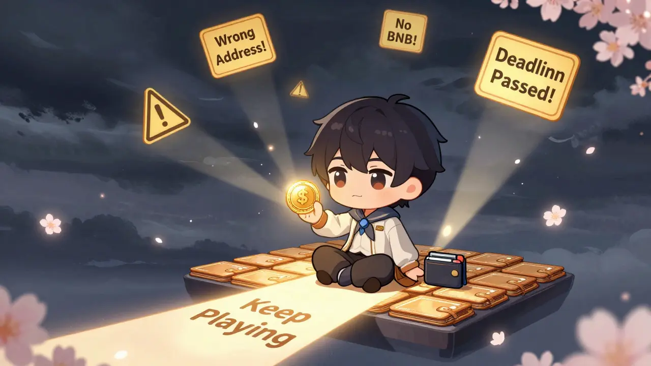 Solo chibi player holding $ASPO token with MetaMask wallet under glowing light amid warning signs