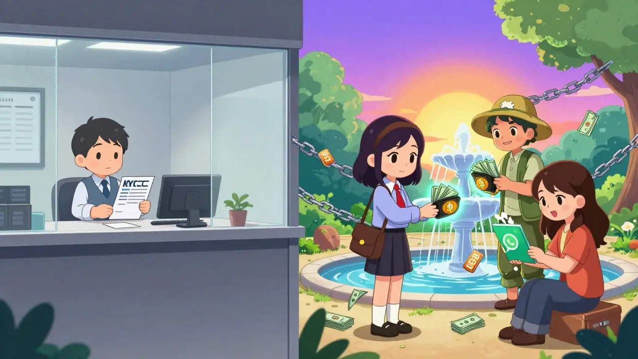 Split scene: bureaucratic bank vs. vibrant underground crypto trades at a park fountain.