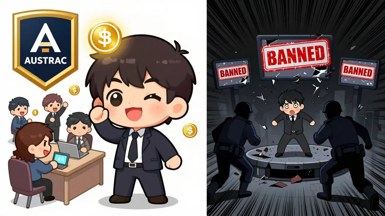 Split scene: registered crypto business shines vs. banned platform crumbling under enforcement.