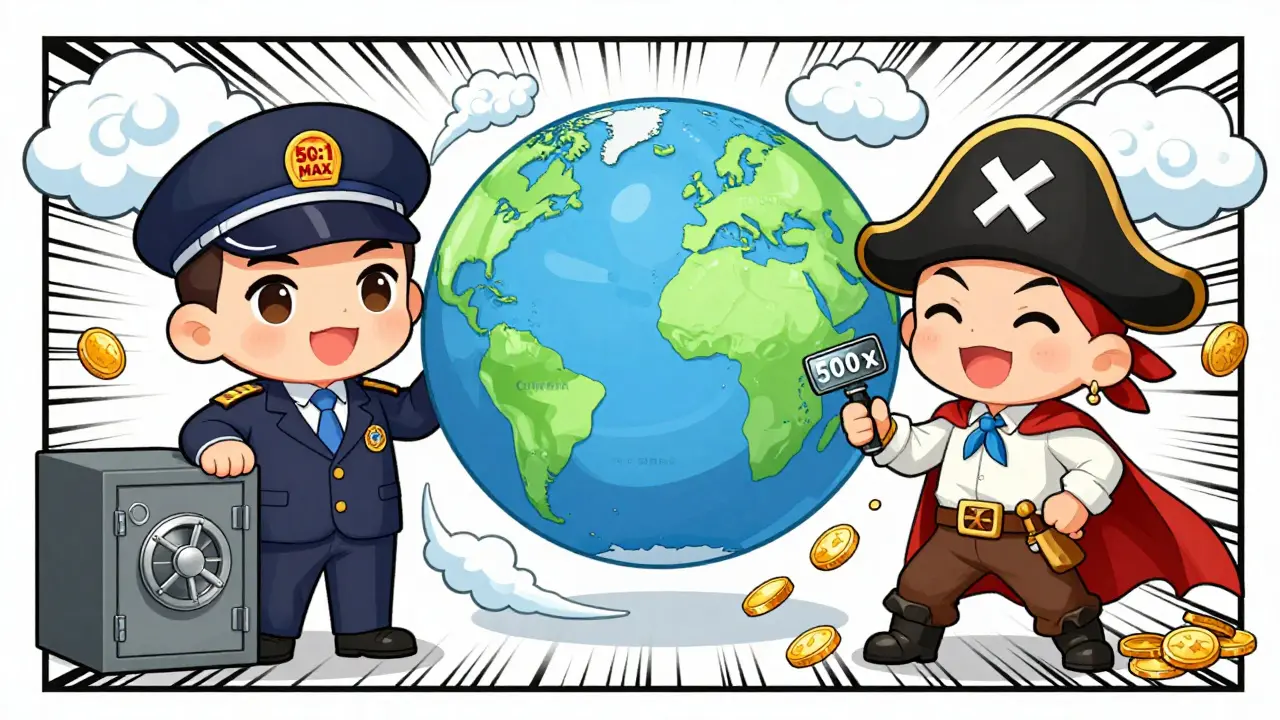 Split scene: U.S. trader with safe limits vs. offshore trader with wild 500x leverage.