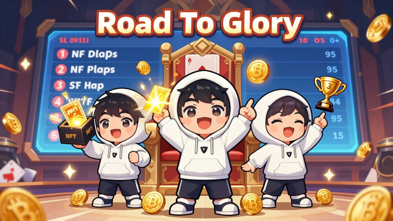 Three chibi players celebrating with NFT box and 3 ETH trophy on card-themed leaderboard