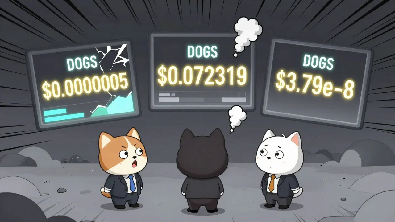 Three confused investors staring at conflicting DOGS price tags on floating screens.