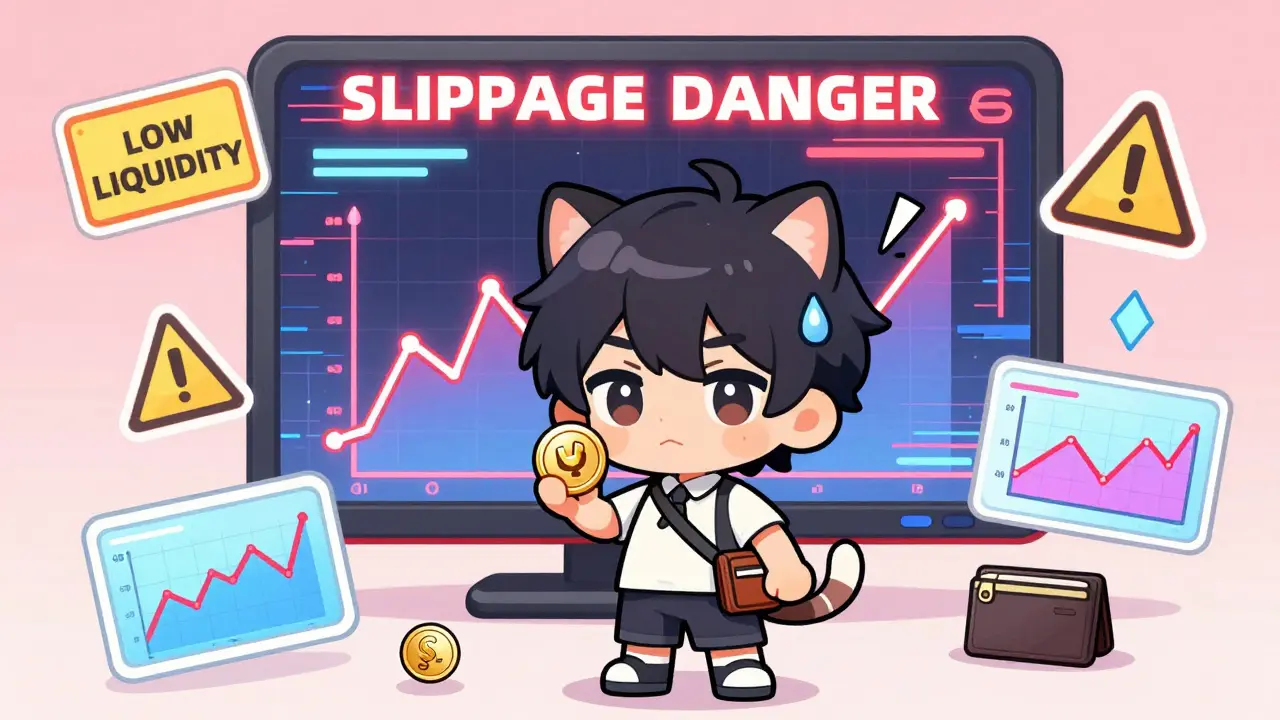 Tiny trader nervously facing a glitching exchange screen with warning signs.