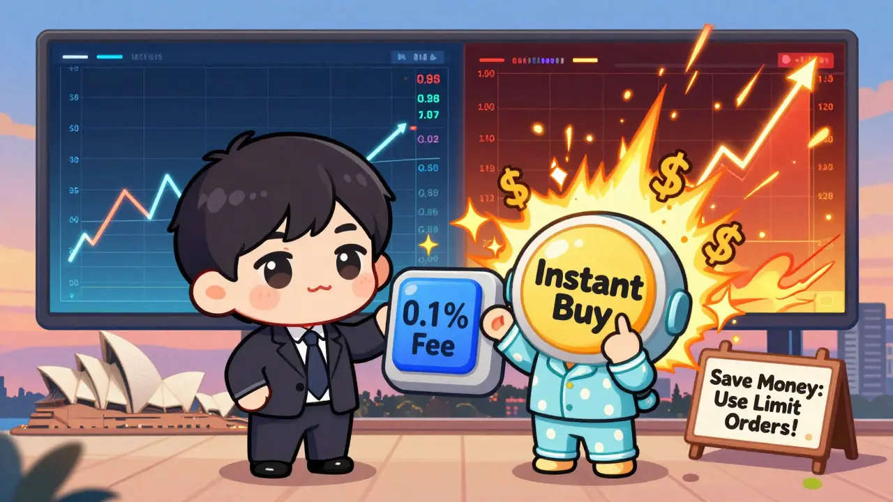 Two chibi characters choosing between low-fee limit orders and expensive instant buys.