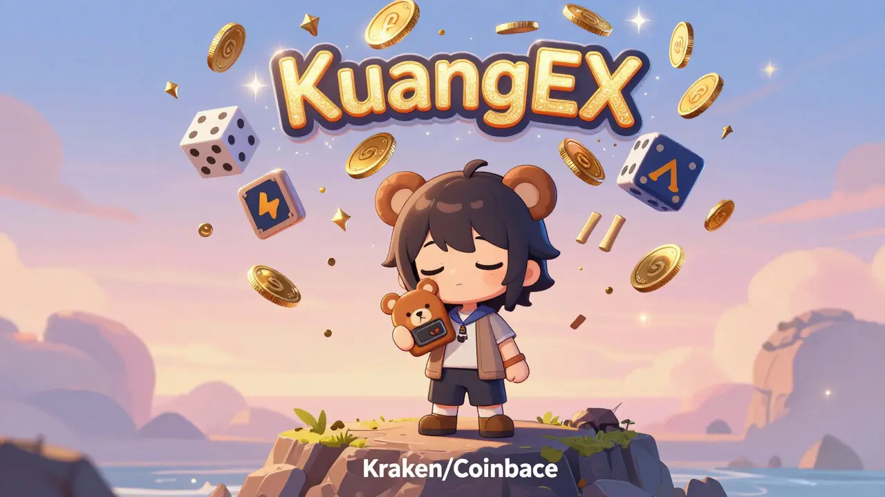 User safely holds hardware wallet while chaotic KuangEX casino floats dangerously above.