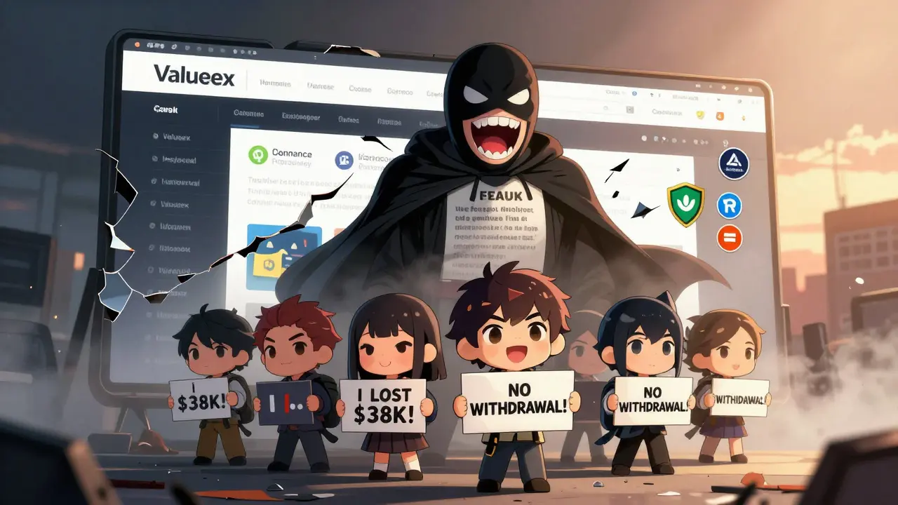 Victims holding loss signs in front of crumbling Valueex website, fraudster laughing behind them, legit exchanges glowing in distance.