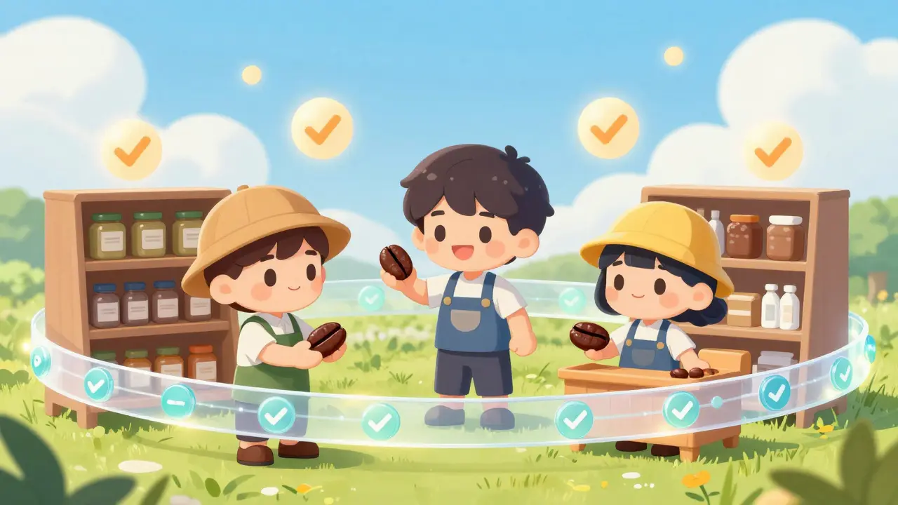 A cute supply chain chain with farmers, drivers, and shopkeepers passing a coffee bean along a glowing blockchain ribbon.