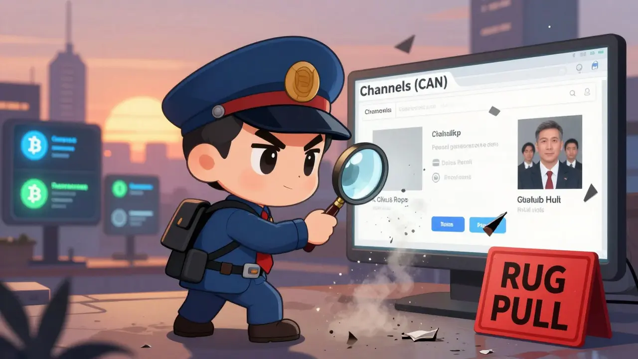 A detective uncovers a scam website collapsing into dust, with real crypto projects shining in the distance.