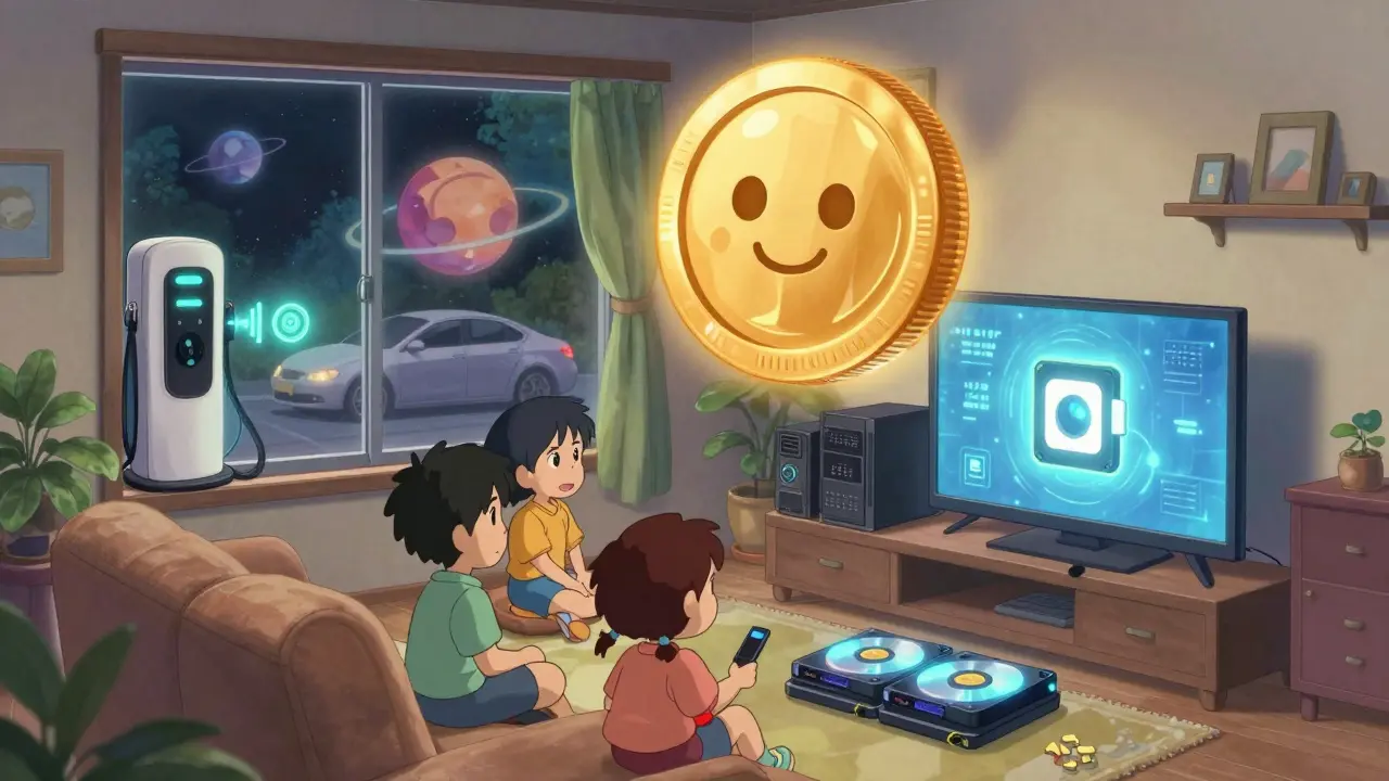 A family's home with glowing storage devices and an EV charger, surrounded by floating digital tokens shaped like a smiling house.