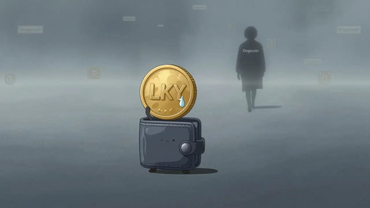 A lonely chibi wallet holding a giant Luckycoin coin as Dogecoin fades into the distance.