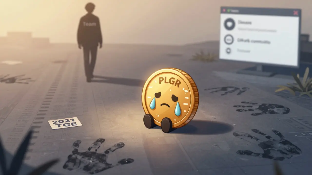 A lonely PLGR token sits alone on an empty blockchain ledger, with a fading team figure walking away.