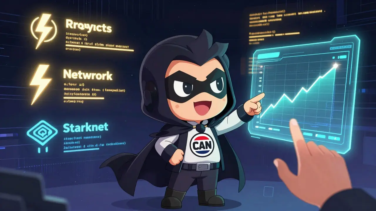 A scammer points at a fake crypto chart while real blockchain projects glow behind them.