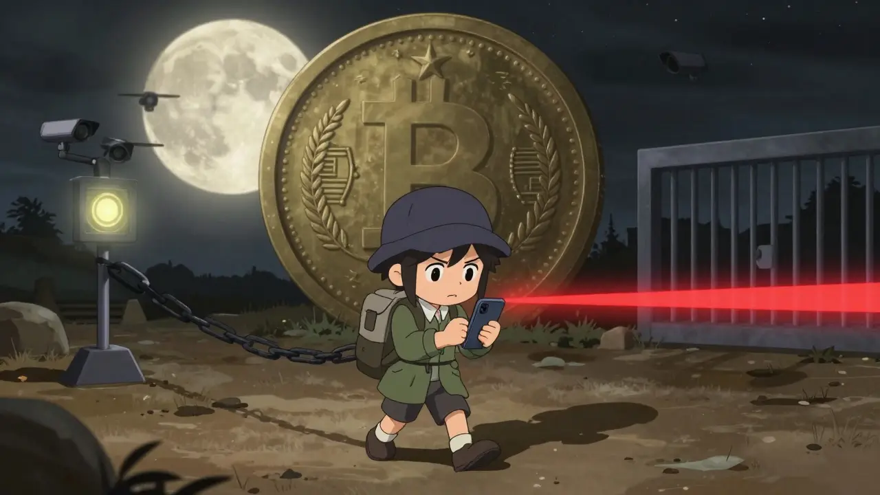 A traveler crossing a border with a crypto wallet as a massive state digital kyat looms in the sky.