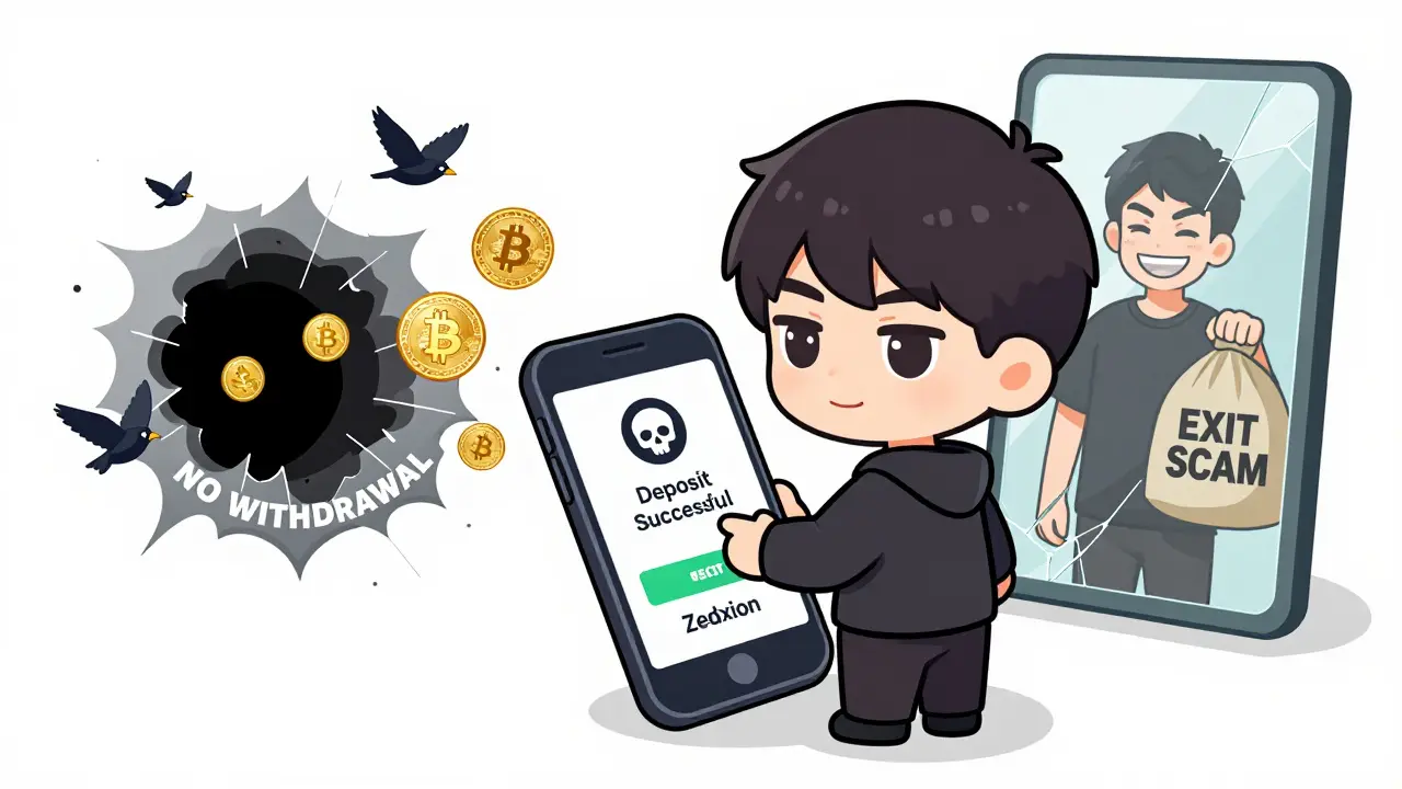 A user watching their crypto tokens vanish into a black hole labeled 'NO WITHDRAWAL' on a fake app.