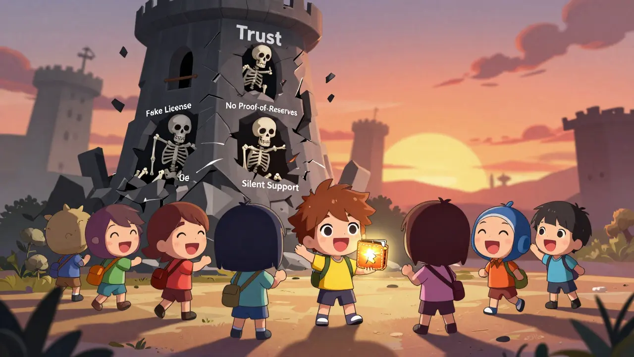 Beginners trading while MaskEX's trust tower crumbles behind them.