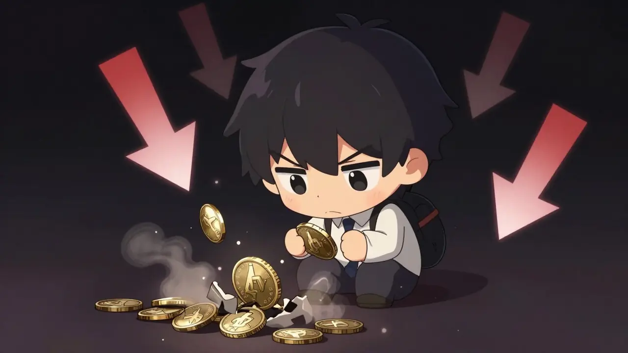Chibi character watching coins crumble, dark background with downward arrows.