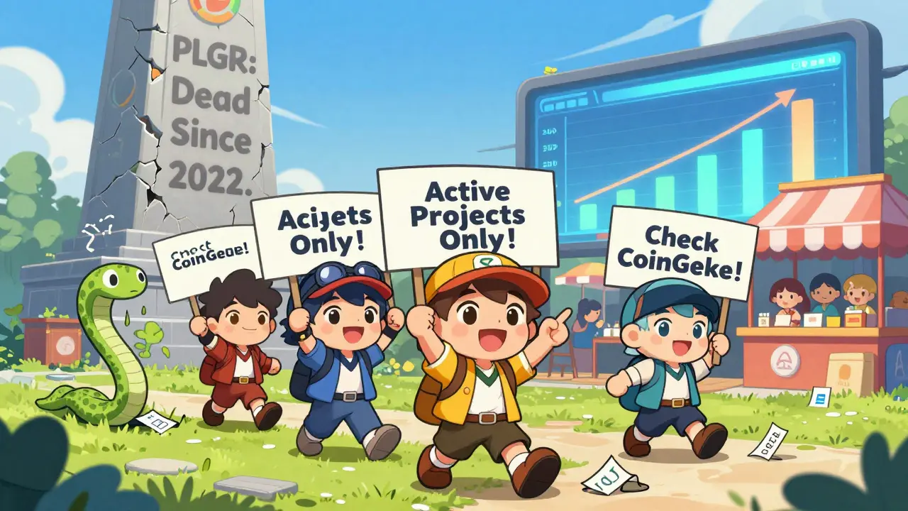 Chibi crypto adventurers march past a dead PLGR monument toward a vibrant, active trading marketplace.