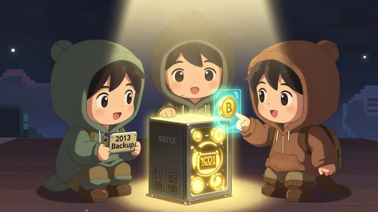 Chibi crypto archaeologists examining a glowing 2013 blockchain backup with a holographic genesis block.