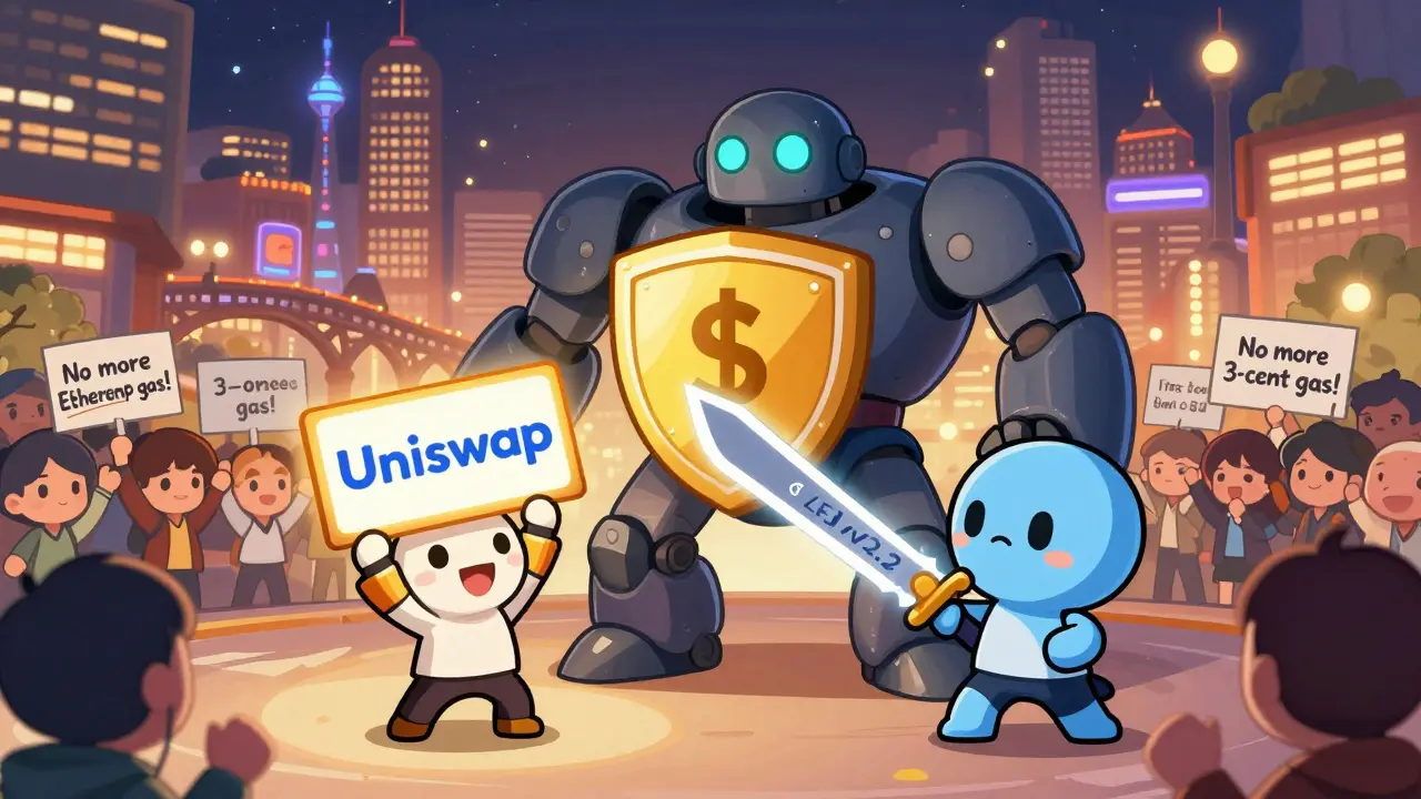 Chibi hero defeating a giant 'Uniswap gas fee' robot with a '3-cent gas' sword in a vibrant Avalanche city.
