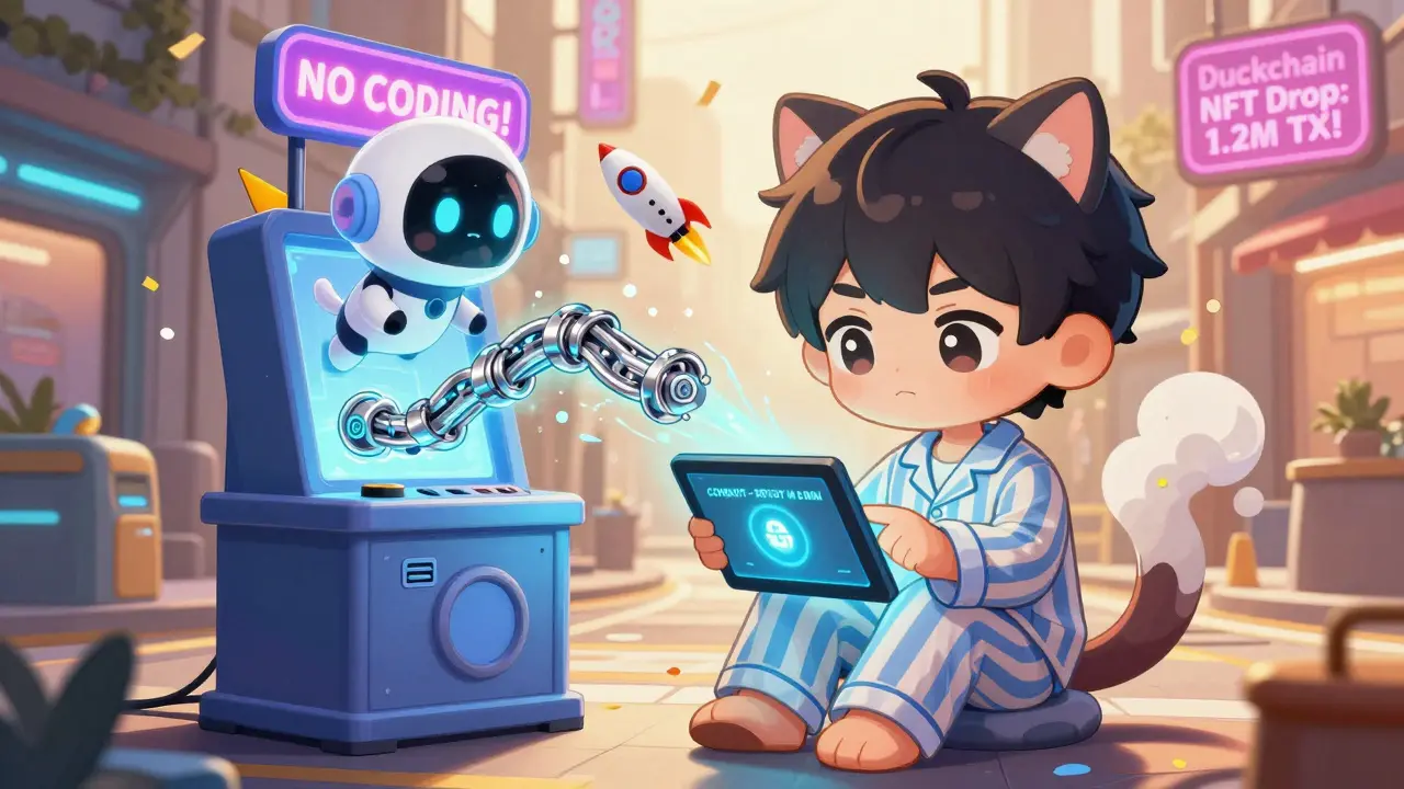 Chibi startup founder deploying a rollup via a glowing RaaS kiosk with floating AI assistant and confetti.