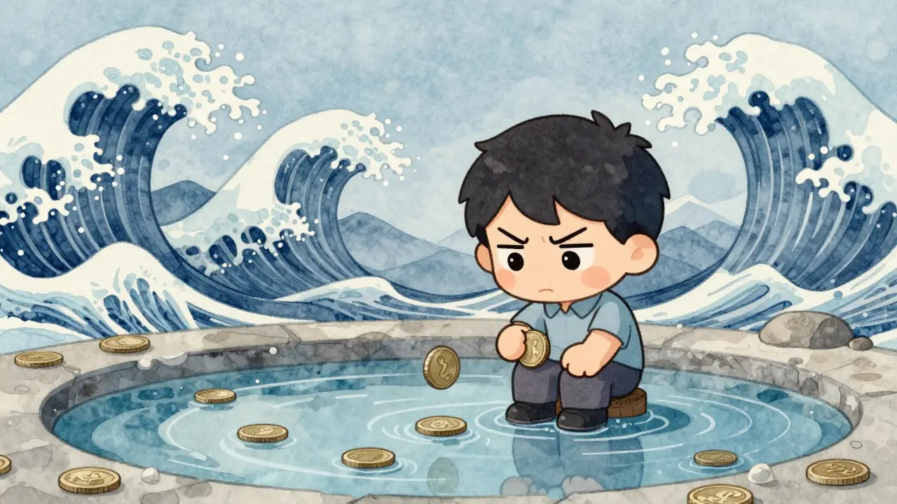 Chibi trader struggling with tiny liquidity pond vs. large ocean of competitors, coins sinking.
