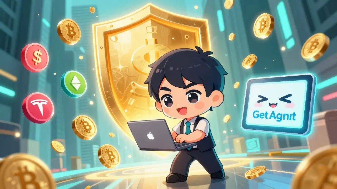 Chibi trader using laptop to trade tokenized stocks with crypto and AI assistant.
