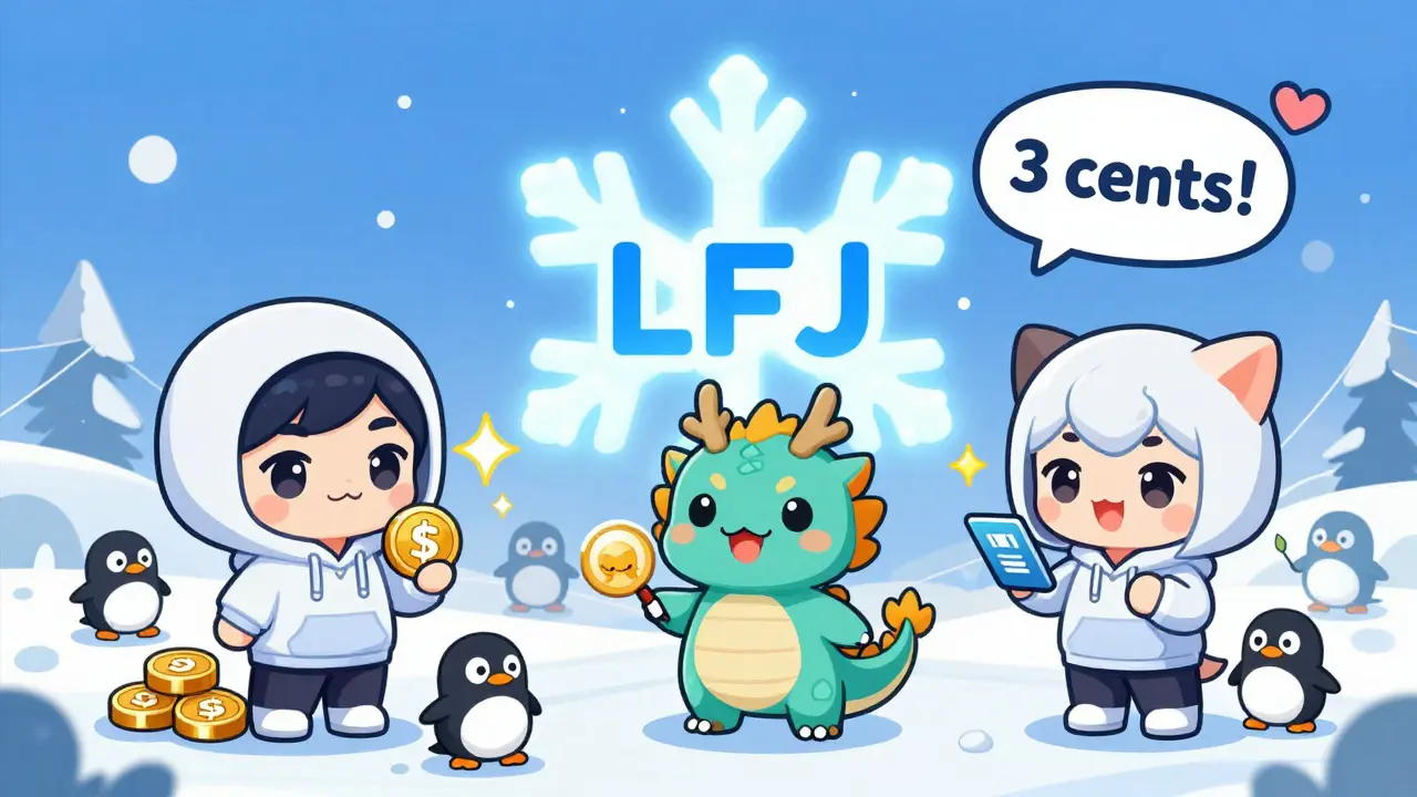 Chibi users staking, lending, and trading NFTs on a glowing LFJ v2.2 interface with avalanche validators as penguins.