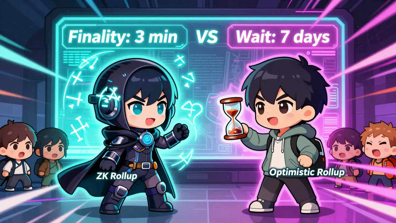 Chibi ZK Rollup and Optimistic Rollup characters in a speed showdown with user reactions behind a dashboard.