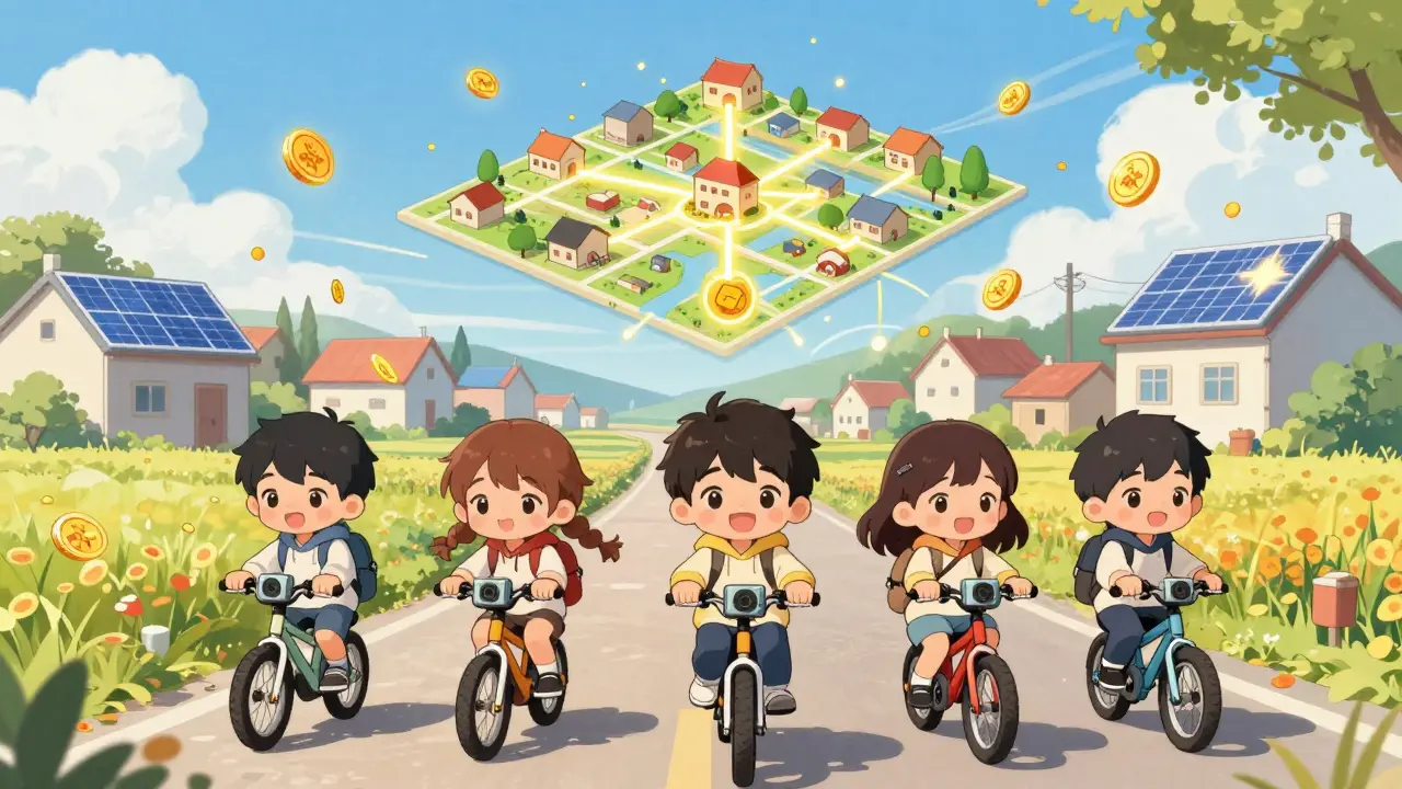 Children biking through a town with dashcams, earning tokens as a decentralized map forms above the roads.
