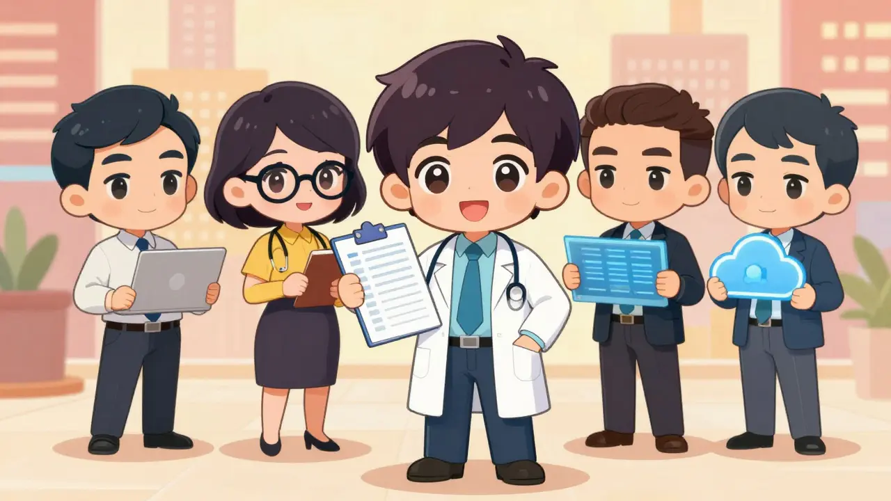 Diverse professionals using Oasis for healthcare, finance, and AI in a city setting.