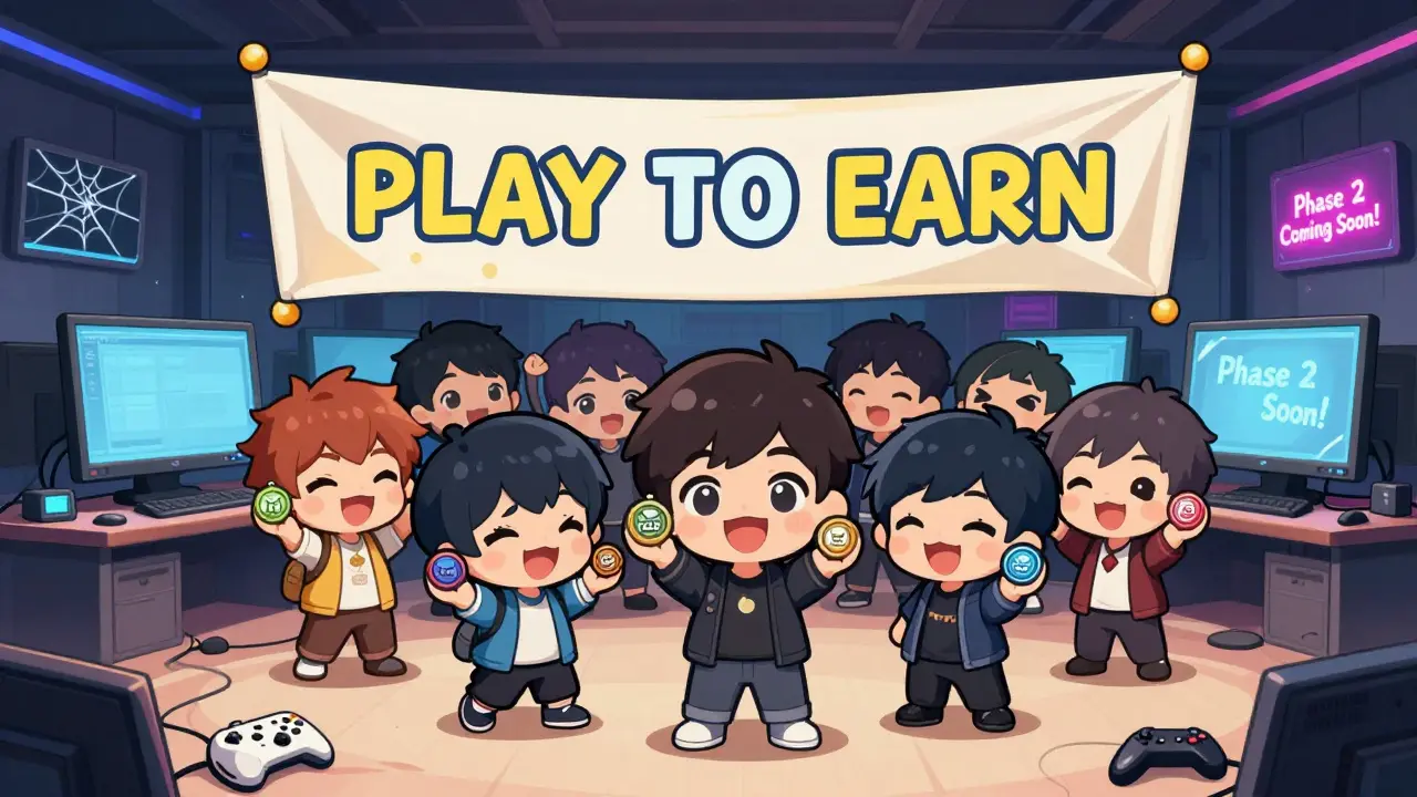 Happy chibi players cheering under a faded 'Play to Earn' banner in an empty game server room.
