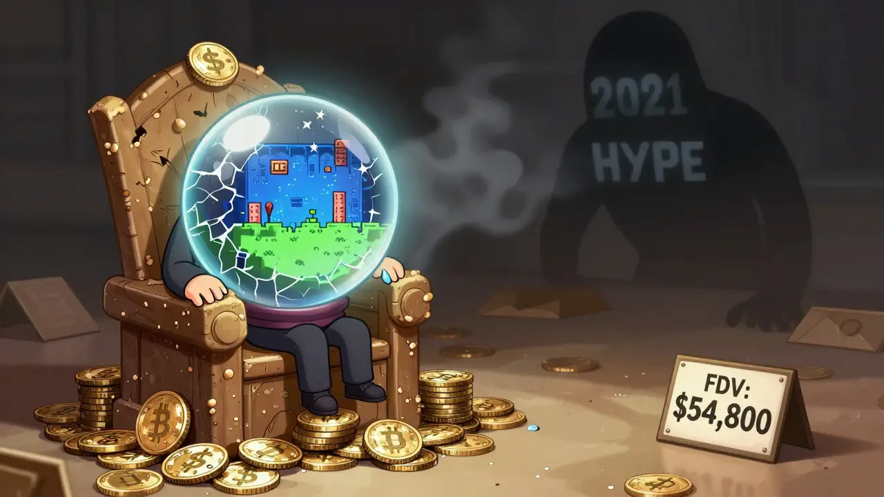 Lone investor gazing at a ghostly RPG world in a crystal ball as '2021 HYPE' fades away.