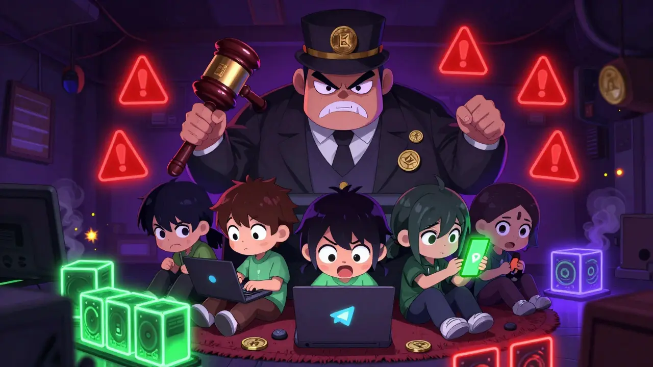 Teens hiding in a basement trading crypto via Telegram as a giant bank official watches ominously.